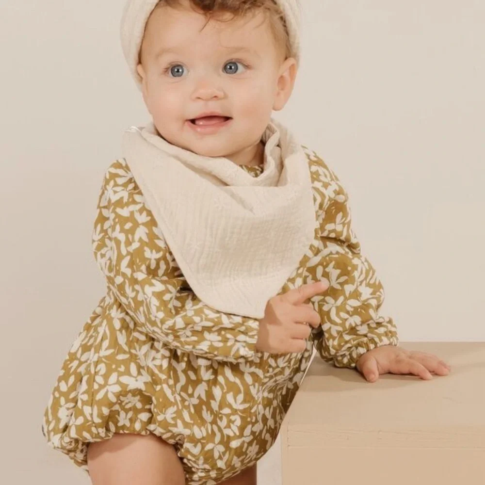Rylee + Cru Tan and White Floral Kids bubble romper. 6 to 12 months
